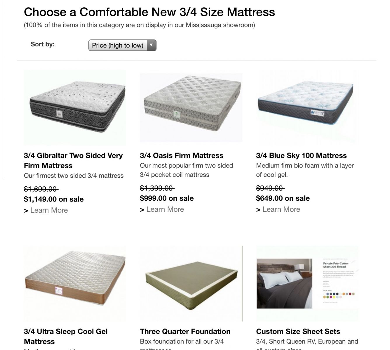 Three quarter mattresses for sale in Canada 